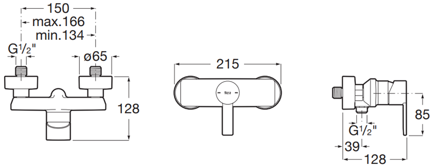 Bateria prysznicowa Roca Targa A5A215FNB0 rys techniczny