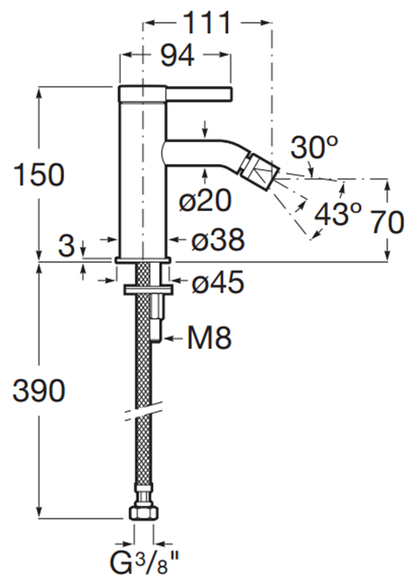 Bateria bidetowa Roca Ona A5A629EC00 rys techniczny