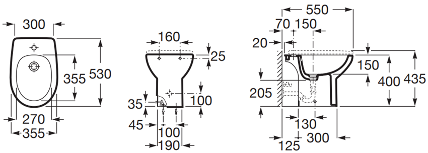 Bidet stojący Roca Victoria A355V04000 rys techniczny