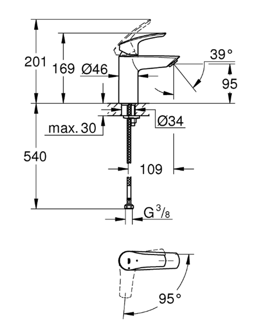 Bateria umywalkowa Grohe Eurosmart 24192003 rys techniczny