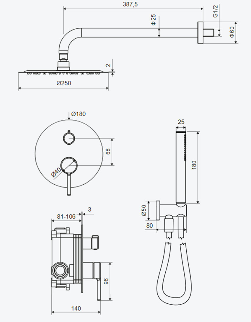 Zestaw prysznicowy Excellent Pi AREX.SET.1247AB rys techniczny