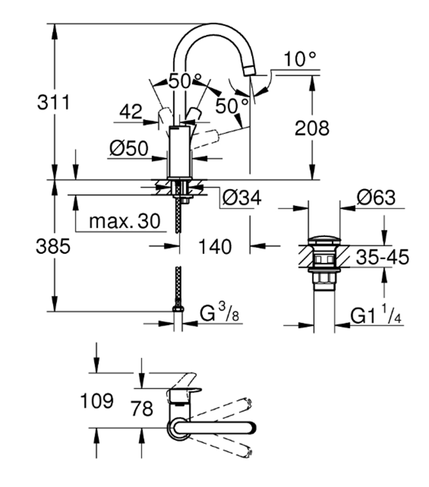 Bateria umywalkowa Grohe Eurosmart 23970003 rys techniczny