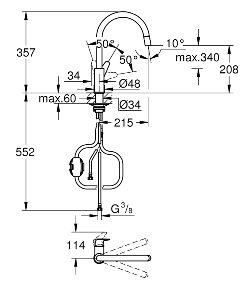 Bateria kuchenna Grohe BauCurve 30547000 rys techniczny