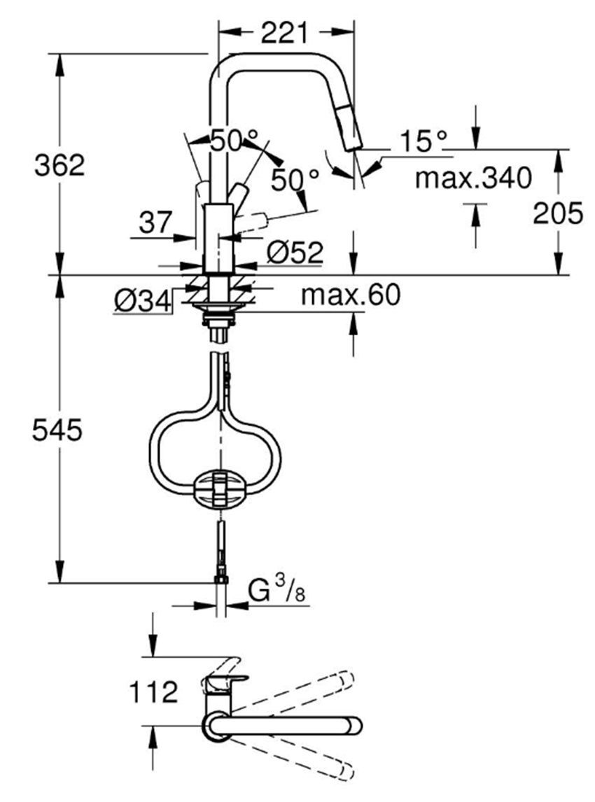 Bateria kuchenna Grohe Eurosmart 30619DC0 rys techniczny