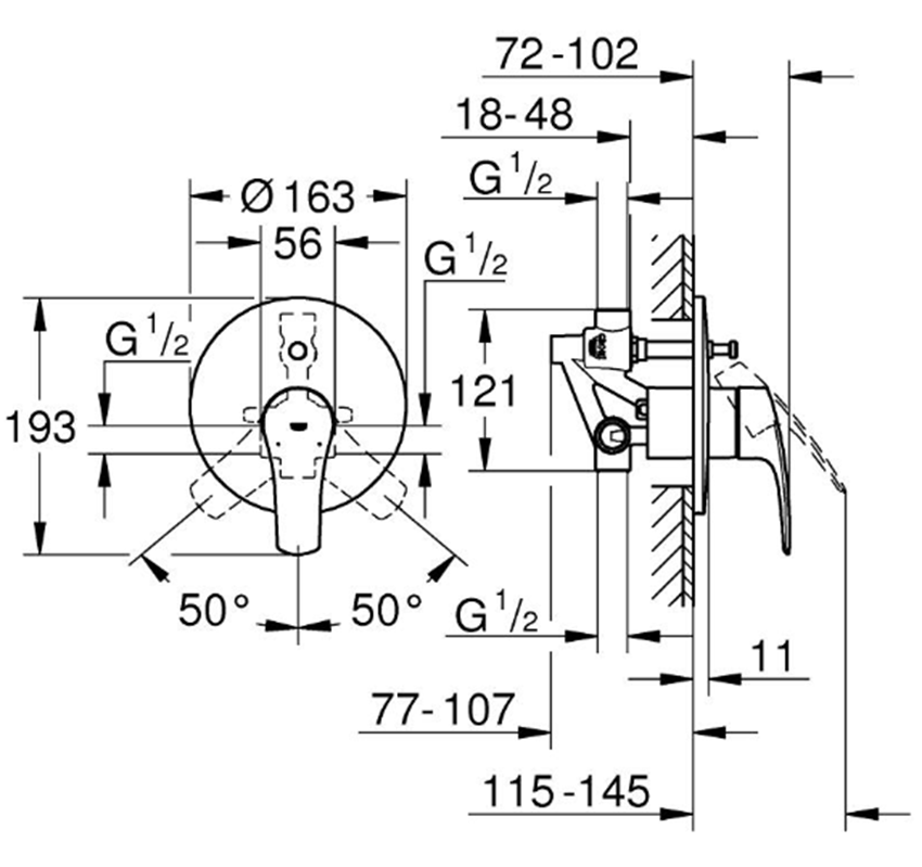 Bateria wannowa podtynkowa Grohe Eurosmart 33305003 rys techniczny