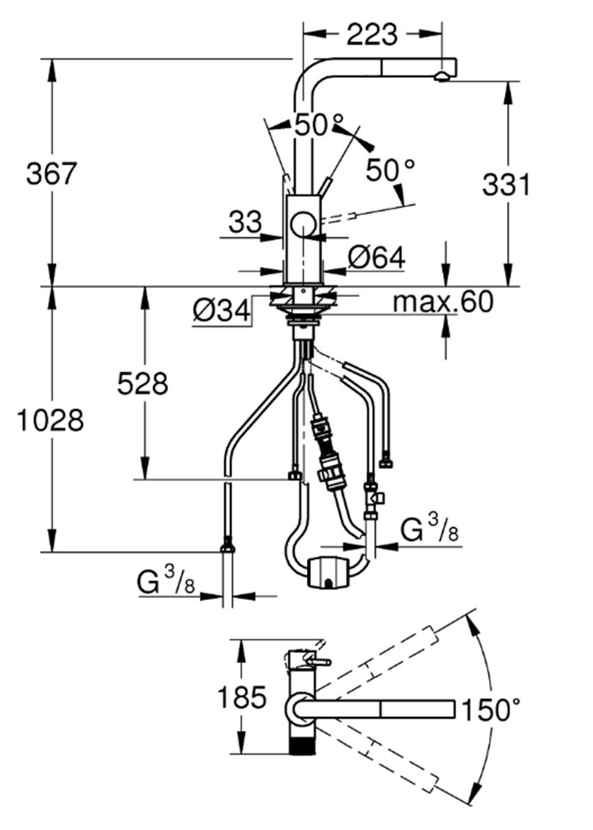 Bateria filtrująca Grohe Blue Pure Minta 30590000 rys techniczny