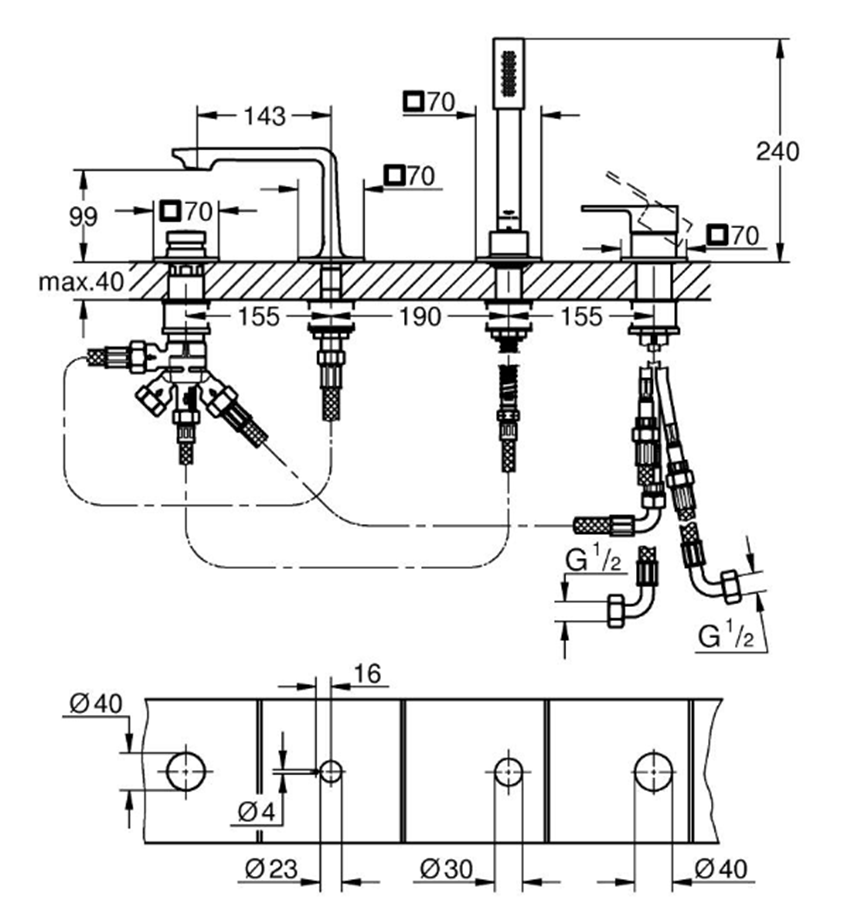 Bateria wannowa Grohe Allure 19316001 rys techniczny