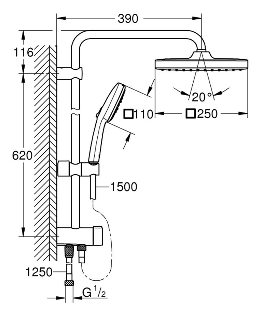 Zestaw prysznicowy Grohe Tempesta System 250 Cube 269772431 rys techniczny