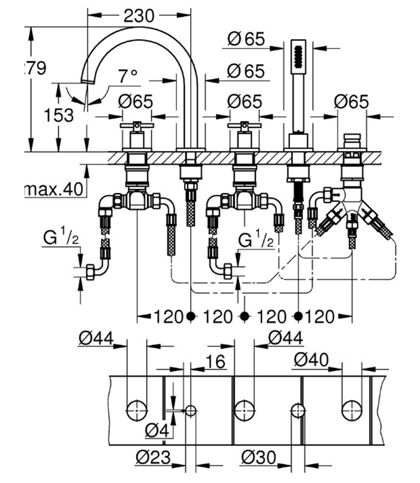 5-otworowa bateria wanowa Grohe Atrio 29408GN0 rys techniczny