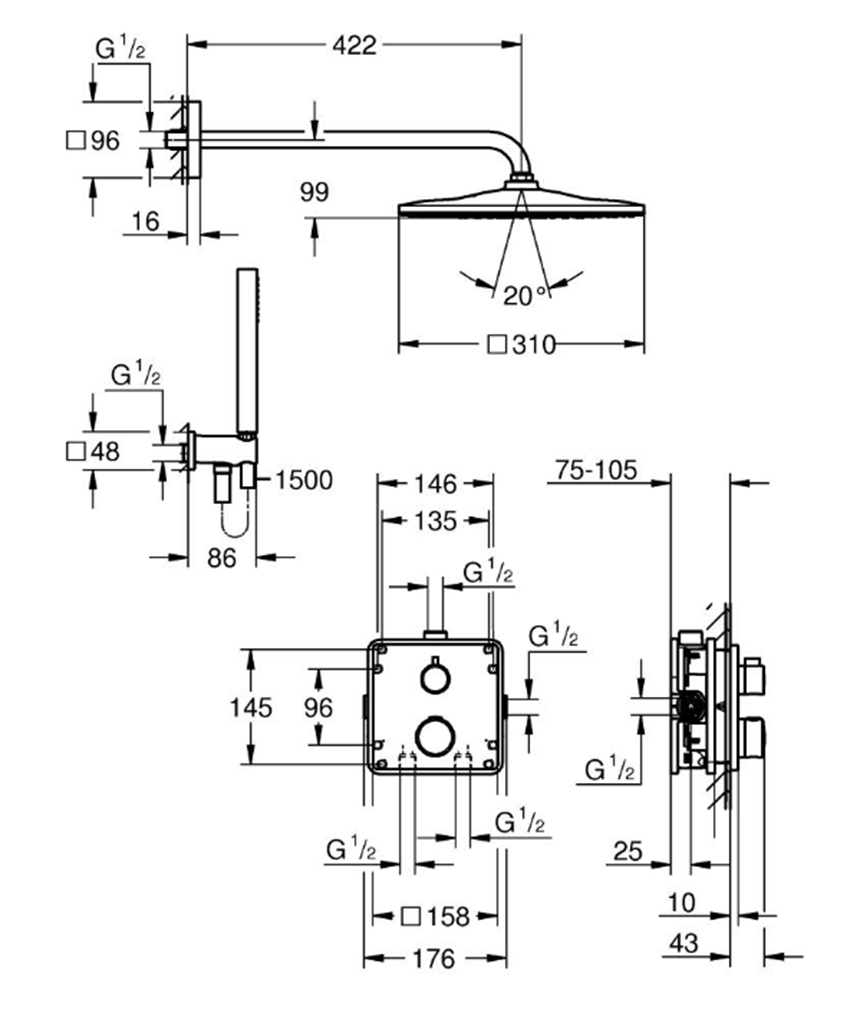Zestaw prysznicowy Grohe Grohtherm 34870000 rys techniczny