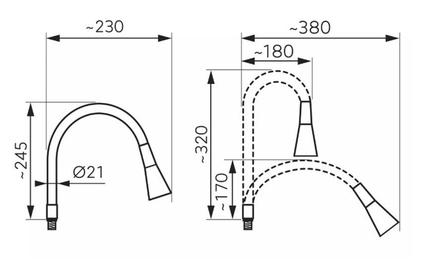 Wylewka do baterii zlewozmywakowej Ferro Elastico II W101B-B rys techniczny
