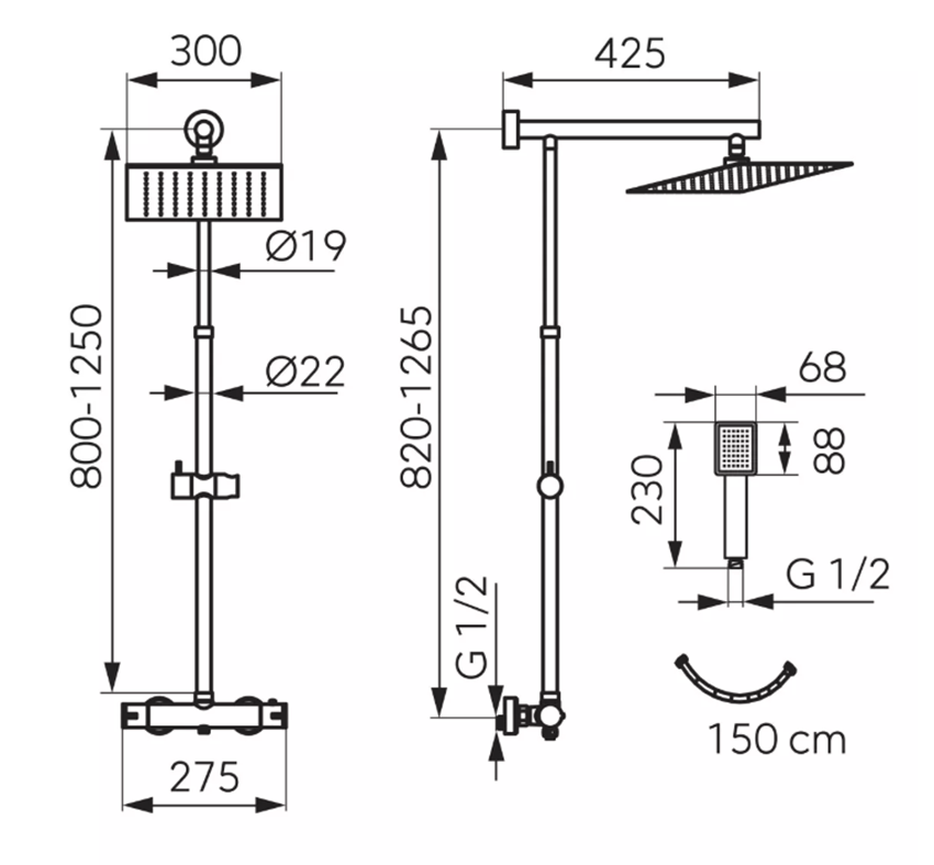 Zestaw prysznicowy Ferro Trevi Square Black NP75SQ-TRV7U-BL rys techniczny