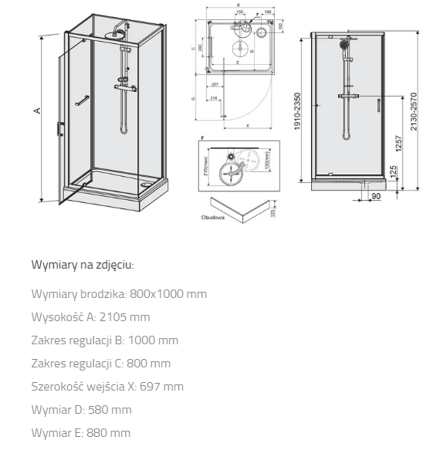 Kabina prysnicowa Sanplast Classic II 602-011-0221-01-4B1 rys techniczny