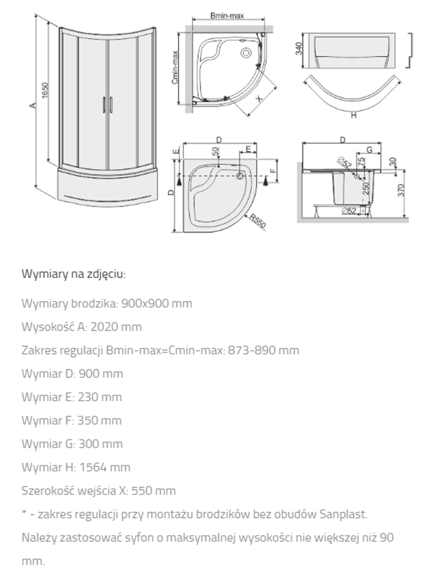 Kabina prysznicowa Sanplast TX 602-271-0362-01-401 rys techniczny