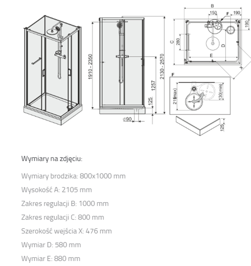 Kabina prysznicowa Sanplast Classic II 602-011-0051-38-4S1 rys techniczny