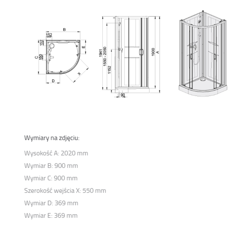 Kabina Sanplast Basic Complete 602-460-0930-01-2H0 rys techniczny