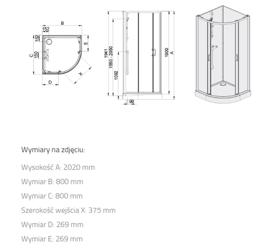 Kabina prysznicowa Sanplast Basic Complete Mineral 602-460-0920-01-4B0 rys techniczny