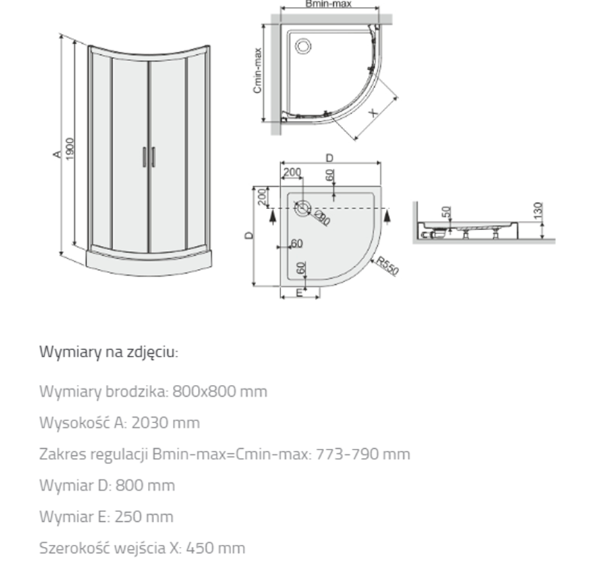 Kabina prysznicowa Sanplast TX 602-271-0252-01-231 rys techniczny