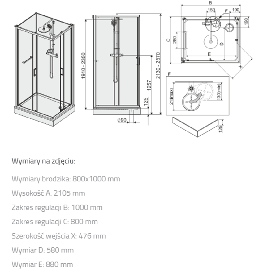 Kabina z brodzikiem Sanplast Classic II 602-011-0051-01-4B1 rys techniczny