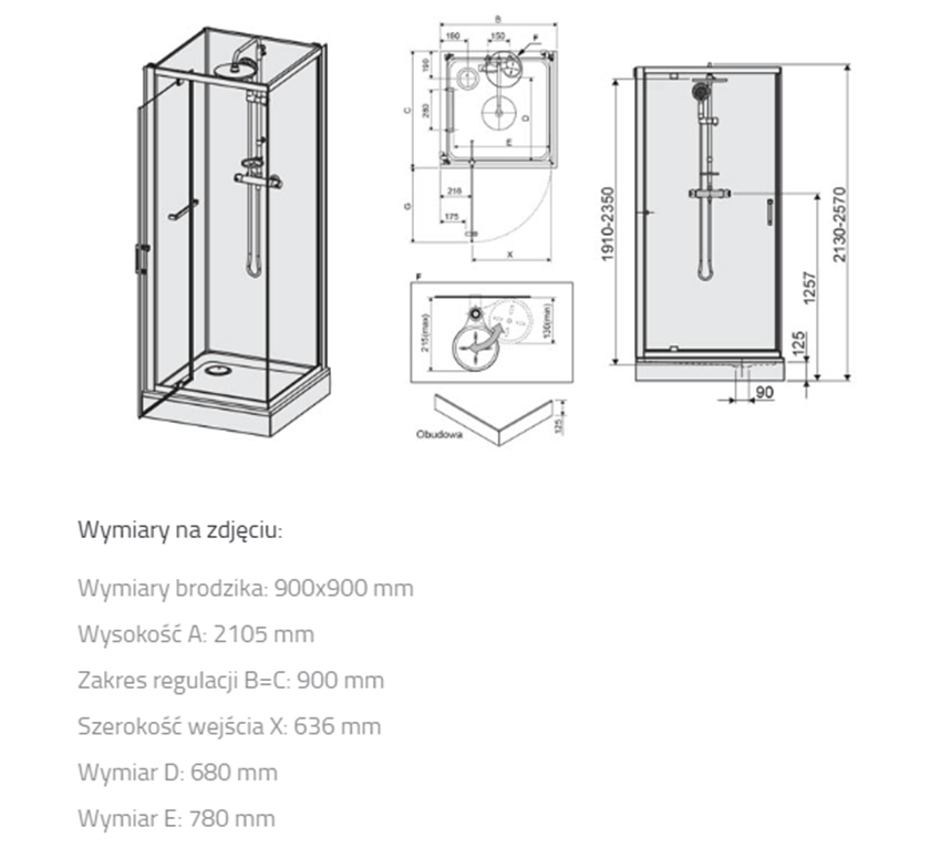 Kabina prysznicowa Sanplast Classic II 602-011-0131-01-4B1 rys techniczny