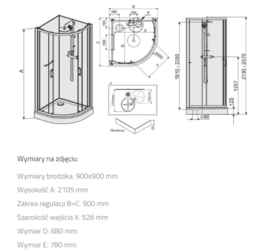 Kabina prostokątna Sanplast Classic II 602-011-0331-01-4B1 rys techniczny