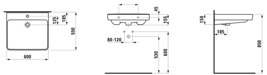 Umywalka ścienna Laufen Pro Liberty H8119500001041 rys techniczny