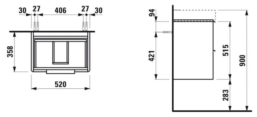 Szafka podumywalkowa Laufen Base H4021521102611 rys techniczny