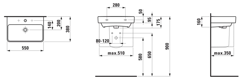 Umywalka Ścienna Laufen Pro S H8189580001091 rys techniczny