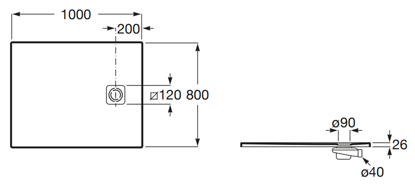 Brodzik prostokątny Roca Magma APE013E832003650 rys techniczny