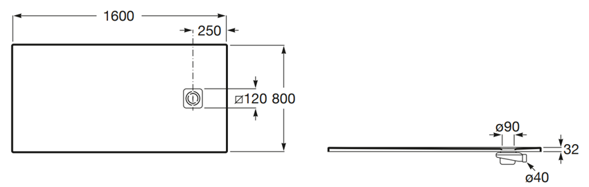 Brodzik prostokątny Roca Magma APE0164032003660 rys techniczny