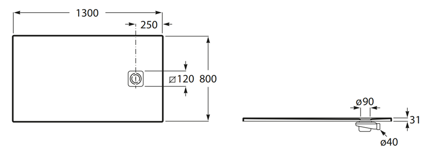 Brodzik prostokątny Roca Magma APE0151432003650 rys techniczny
