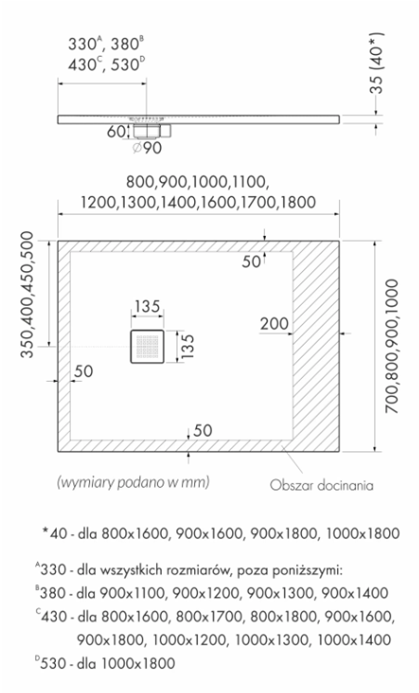 Brodzik prostokątny Schedpol Kalait Cashmere Stone 3.3121/PK/ST-M2 syfon rys techniczny