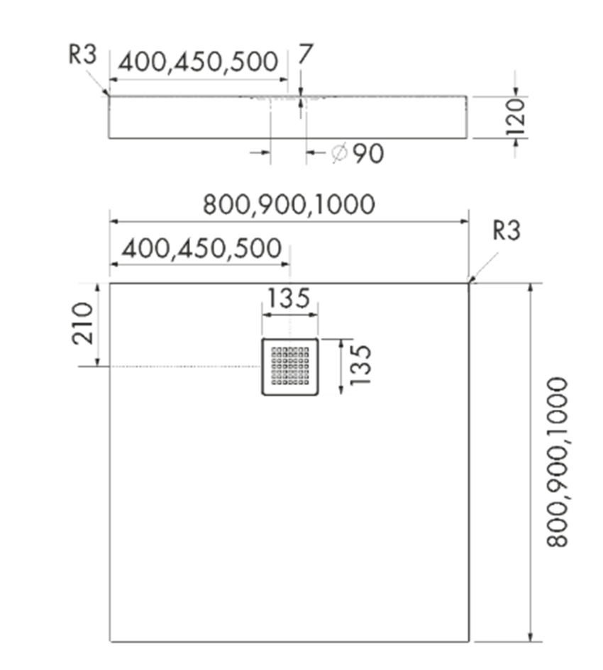 Brodzik kwadratowy Schedpol New Horizons White Stone 3.3402/B/ST-M2 rys techniczny