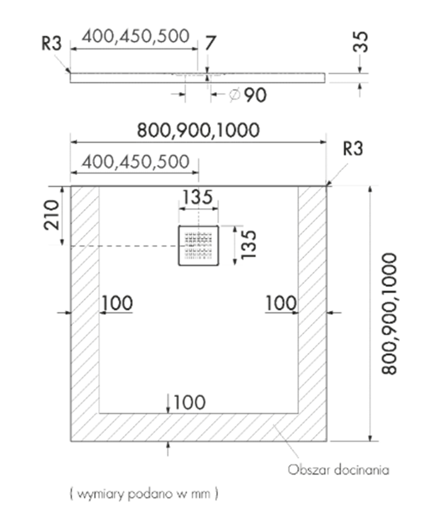 Brodzik kwadratowy Schedpol Kalait Cement Stone 3.3201/CT/ST-M2 rys techniczny