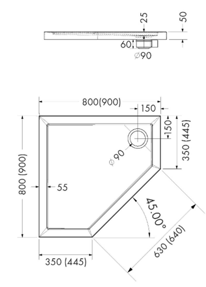 Brodzik pięciokątny Schedpol Caspar New Cement Stone 3.2398/CT/ST rys techniczny