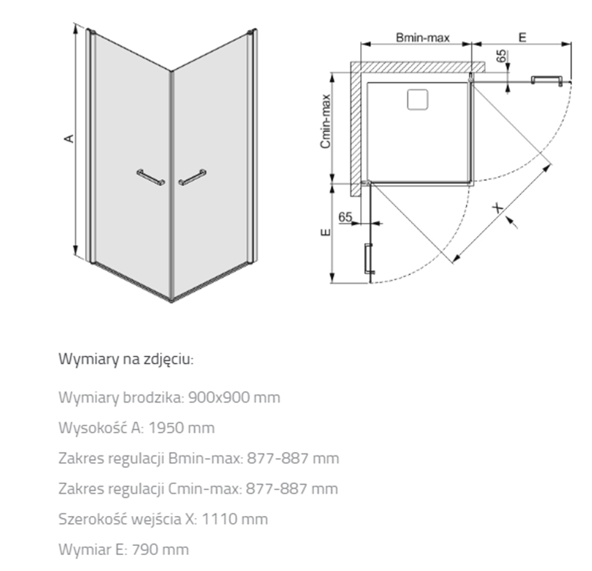 Kabina narożna Sanplast Prestige III 600-073-0430-38-401 rys techniczny