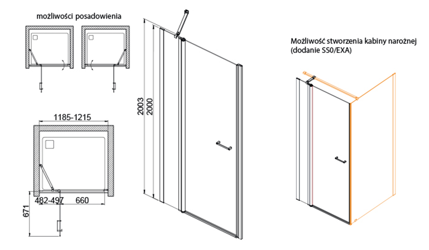 Drzwi skrzydłowe Sanplast Exa Line 600-540-0830-38-401 rys techniczny