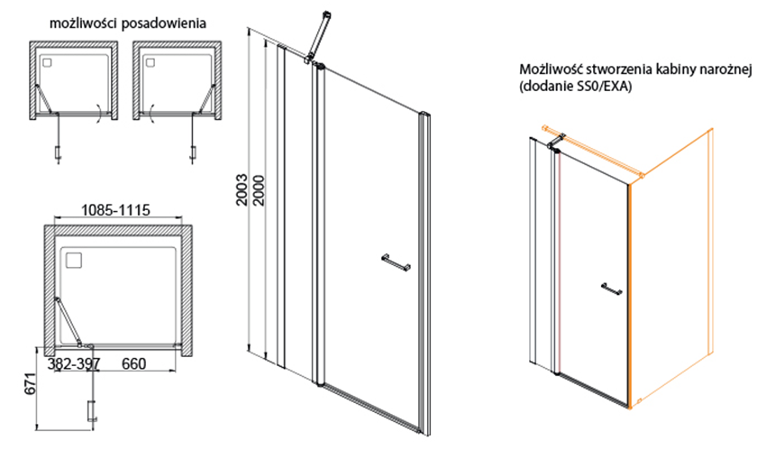 Drzwi skrzydłowe Sanplast Exa Line 600-540-0810-38-401 rys techniczny