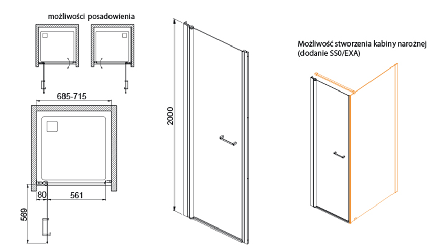 Drzwi skrzydłowe Sanplast Exa Line 600-540-0710-38-401 rys techniczny