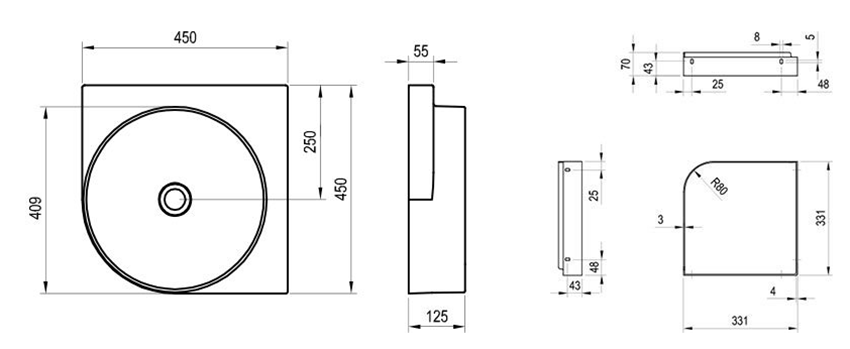 Umywalka ścienna Ravak Yard 45 C XJX01045000 rys techniczny