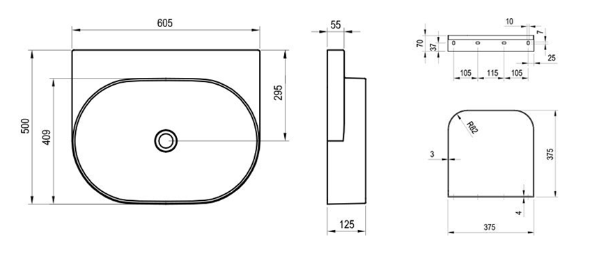 Umywalka Ravak Yard 600 XJX0D060000 rys techniczny