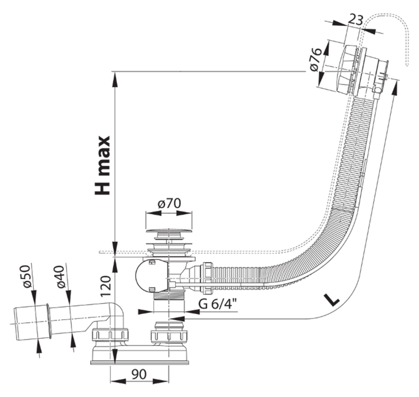 Komplet odpływowy Ravak X01305 rys techniczny