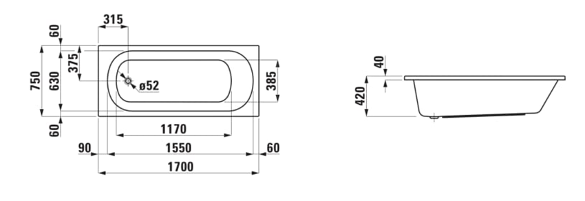 Wanna do zabudowy Laufen Lua H2320800000001 rys techniczny
