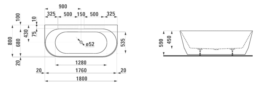 Wanna przyścienna Laufen Pro H2459570000001 rys techniczny