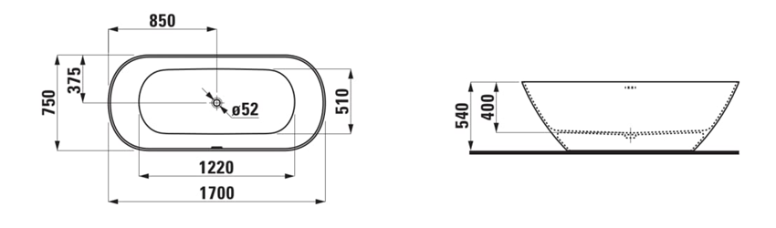 Wanna wolnostojąca Laufen Pro H2200820000001 rys techniczny