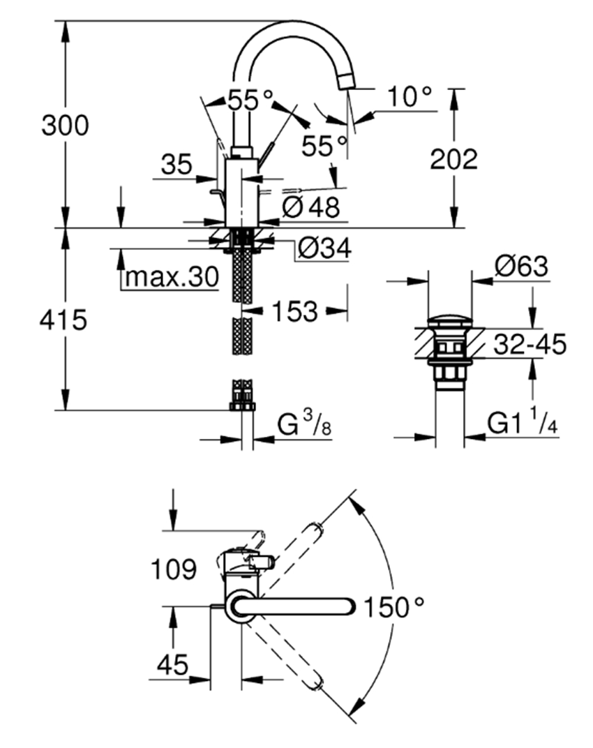 Bateria umywalkowa Grohe Eurosmart Cosmopolitan 23933001 rys techniczny