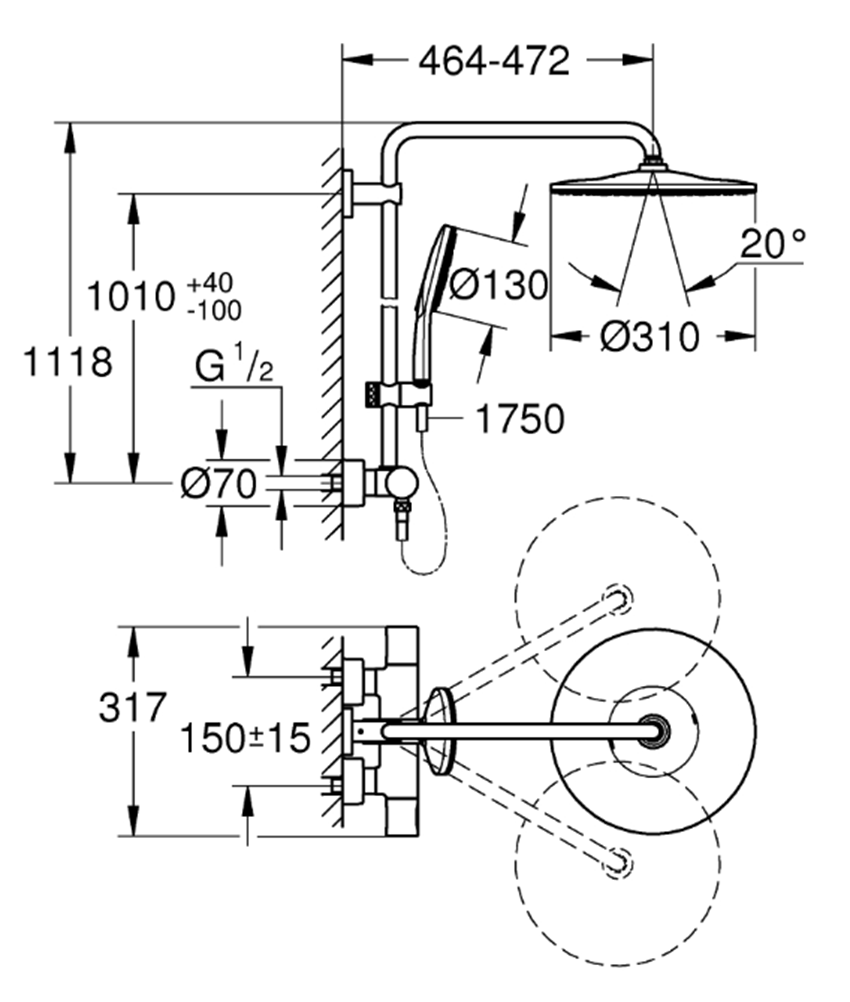 Zestaw prysznicowy Grohe Rainshower SmartActive 310 26836DA0 rys techniczny