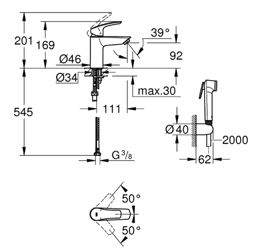 Baterie umywalkowe Grohe Eurosmart 231242433 rys techniczny
