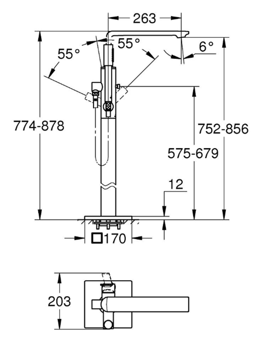 Bateria wannowa wolnostojąca Grohe Allure Brilliant 25222GN1 rys techniczny