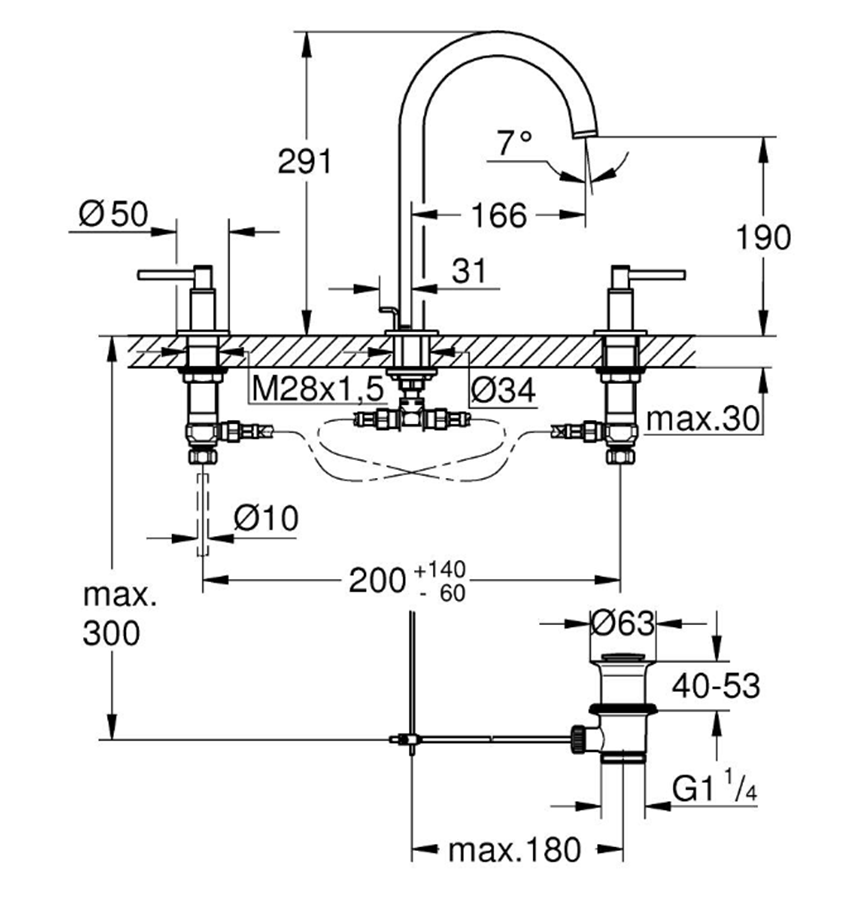 Bateria umywalkowa Grohe Atrio 20649000 rys techniczny